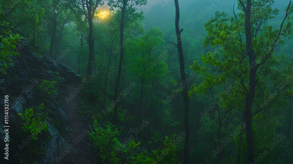 Obraz premium Serene sunrise through misty forest, sunlit path, lush green foliage, tranquil woodland scene, nature photography.