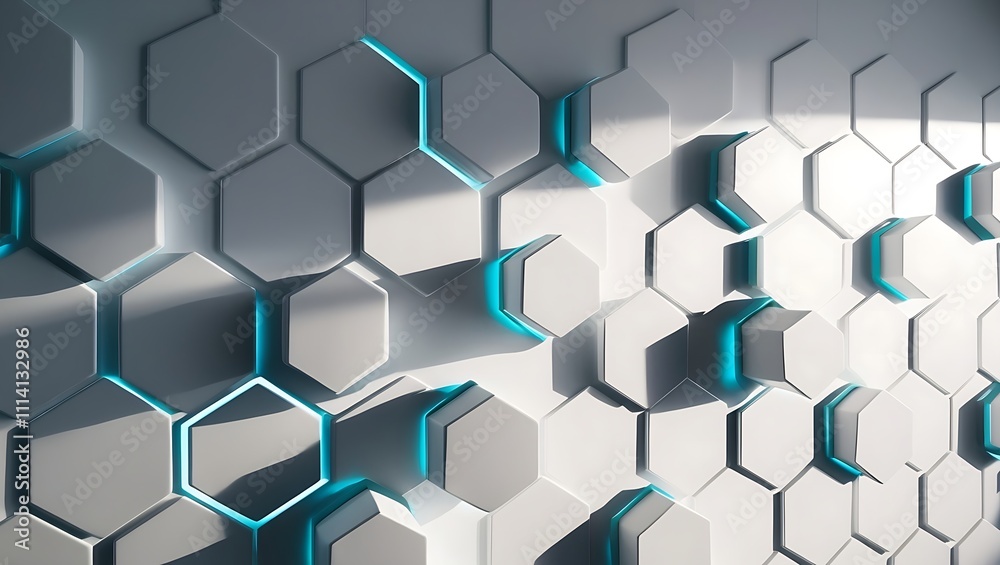 Modern abstract geometric design featuring hexagonal tiles in white and gray, with a vertical row of glowing blue hexagons, creating contrast and depth in a minimalist composition.