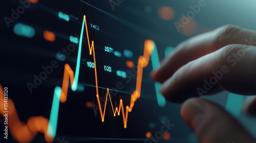 A close-up of a hand interacting with a digital financial chart, showcasing fluctuating lines and data points, symbolizing market analysis and trading.