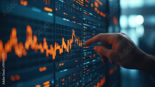 A hand is touching a digital display showing fluctuating data trends, emphasizing analytics and technology in a modern environment.