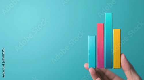 A hand holds colorful bar graphs against a teal background, symbolizing data analysis, growth, and statistics.