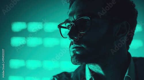 A man wearing glasses is illuminated by green lighting, creating a dramatic and modern atmosphere.