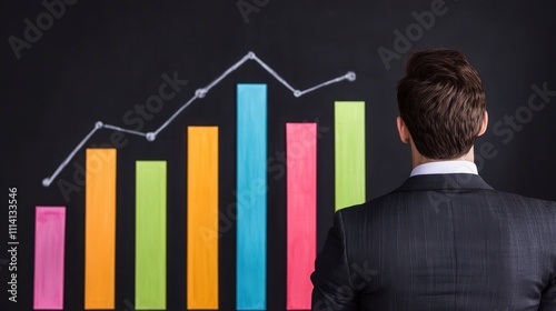 A man in a suit observes colorful bar graphs on a blackboard, representing data analysis and business insights.