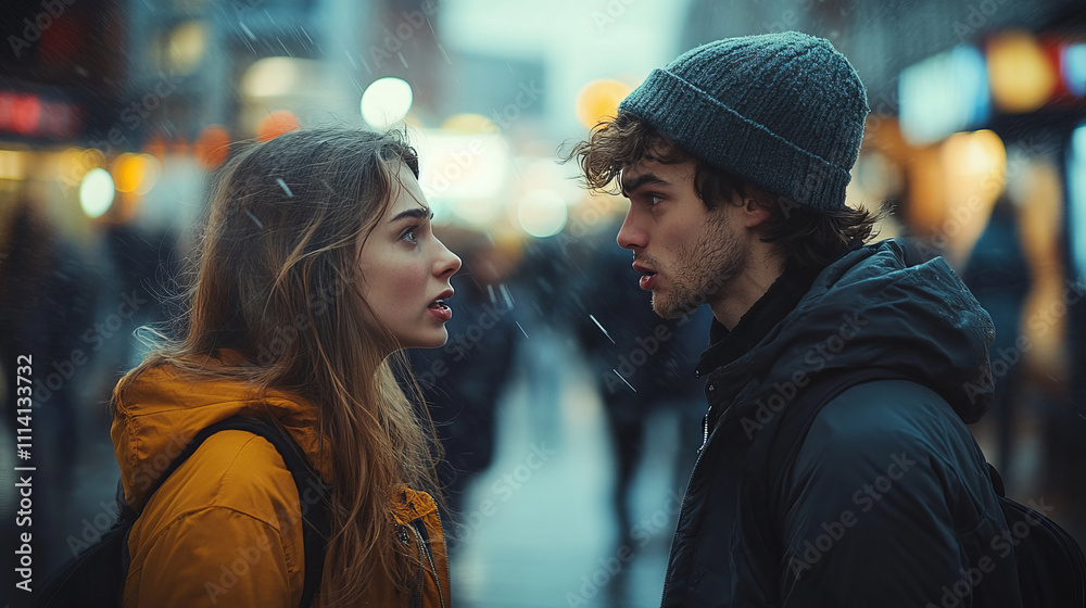 Young man and woman face each other closely in a busy city street during winter and fighting. Family problems, quarrels and divorce. Both wear warm hats and jackets amidst blurred urban surroundings Young man and woman face each other closely in a busy city street during winter and fighting. Family problems, quarrels and divorce. Both wear warm hats and jackets amidst blurred urban surroundings