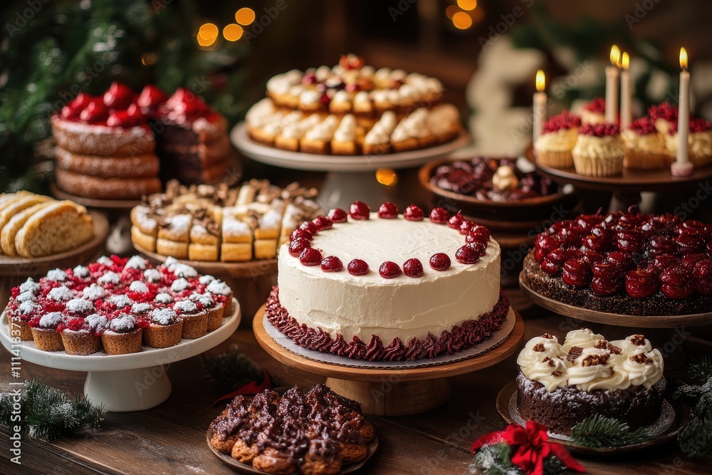 Delicious christmas cakes and desserts displayed on wooden table Delicious christmas cakes and desserts displayed on wooden table