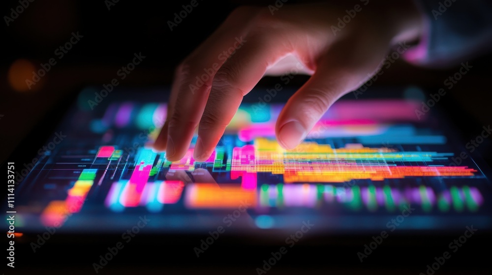 A hand interacts with a vibrant, colorful digital screen displaying data visualizations and graphs, highlighting modern technology in data analysis. A hand interacts with a vibrant, colorful digital screen displaying data visualizations and graphs, highlighting modern technology in data analysis.