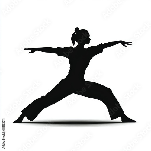 Silhouette of a Woman Practicing Tai Chi, Isolated Illustration on a White Background.