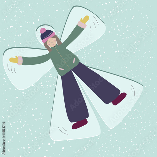  Snow angel girl.
Vector colour illustration on winter theme in a cute style with the image of a child playing in the snow. 