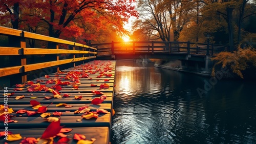 Stunning Autumn Bridge Over Tranquil River Reflecting Vibrant Fall Foliage photo