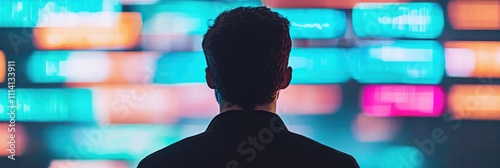 A silhouette of a person facing a vibrant, colorful display of digital information, evoking themes of technology and data analysis.