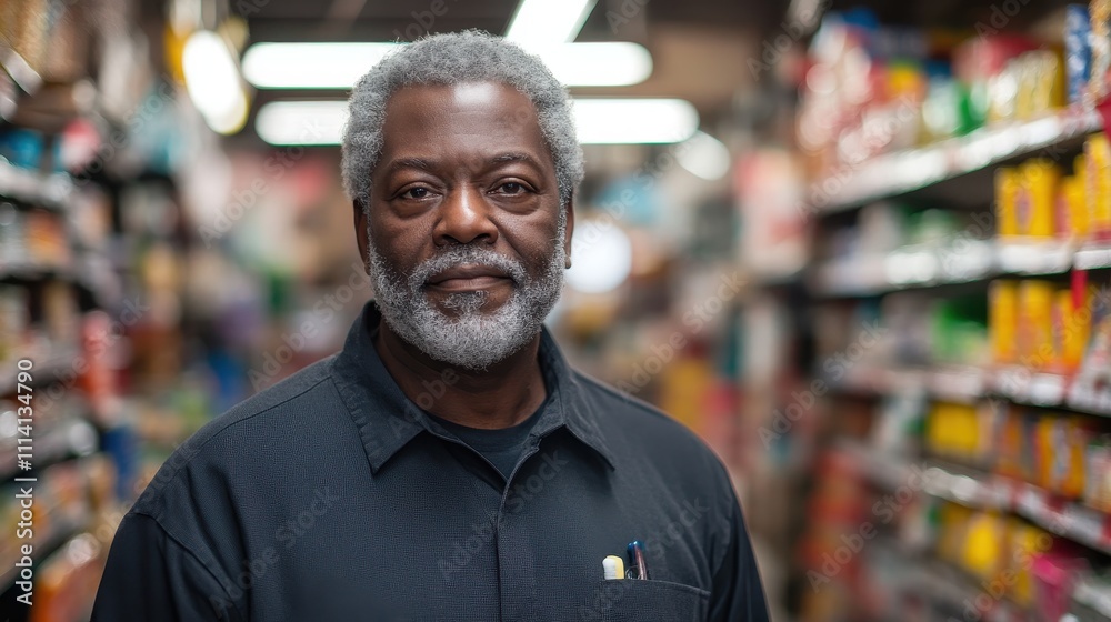 Portrait of a middle aged African American worker in grocery store Portrait of a middle aged African American worker in grocery store