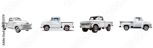 Collection of white vintage pickup truck isolated on a transparent background.