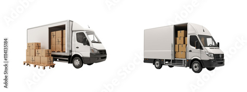 White cargo van lode on boxes transparent background
