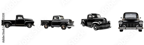 Set of classic black pickup truck on a transparent background.