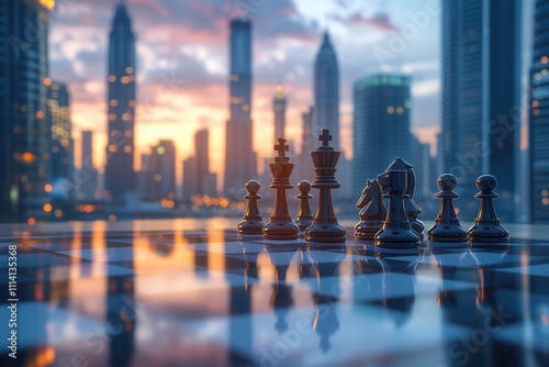 Wallpaper Mural A chess game set against a vibrant city skyline at sunset. Torontodigital.ca