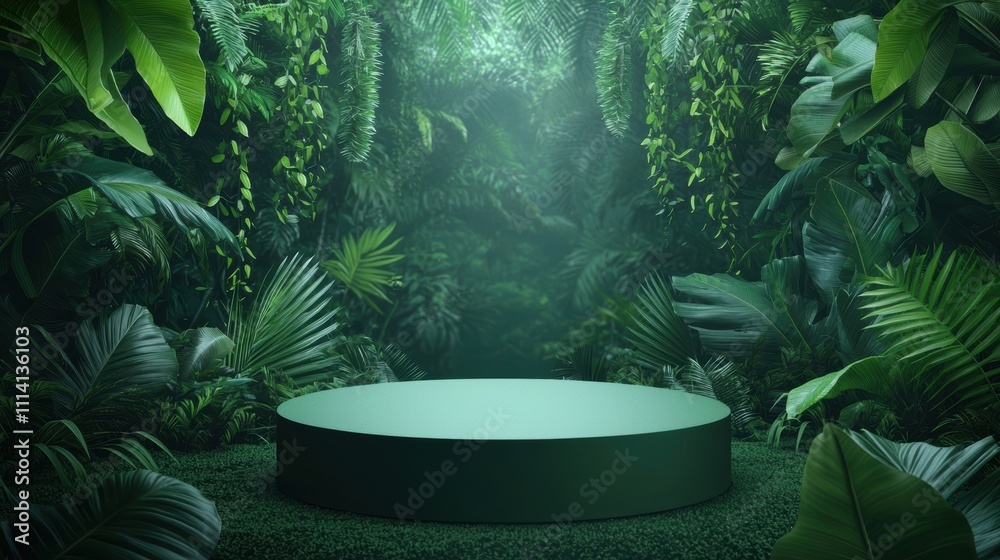 A serene, green jungle setting features a circular platform surrounded by lush foliage and soft, diffused light. A serene, green jungle setting features a circular platform surrounded by lush foliage and soft, diffused light.