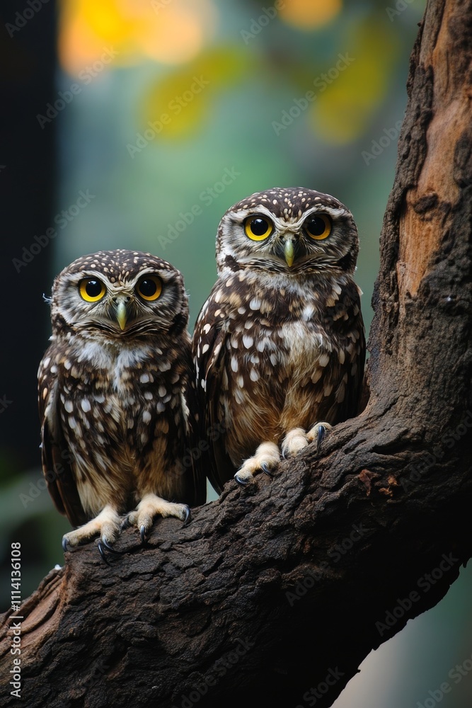 two cute owls sitting on the tree branch with blur forest background two cute owls sitting on the tree branch with blur forest background