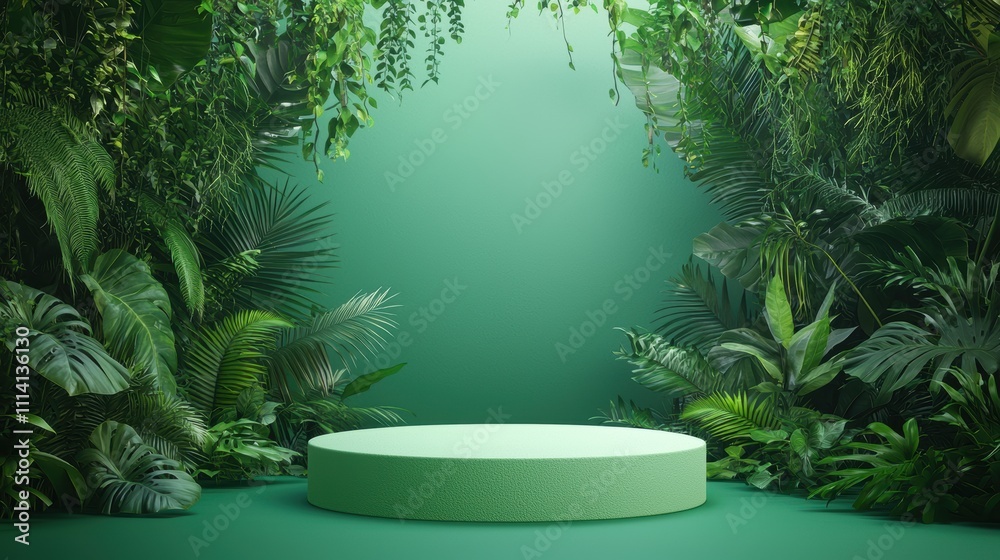 A vibrant, green jungle scene featuring a circular platform surrounded by lush foliage, ideal for presentations or displays. A vibrant, green jungle scene featuring a circular platform surrounded by lush foliage, ideal for presentations or displays.