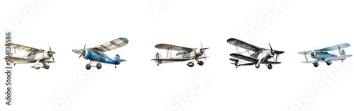 This Collection of vintage biplane, isolated on a transparent background.