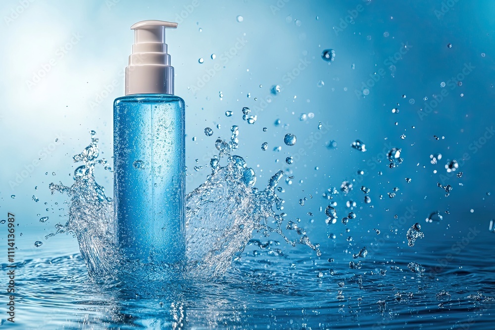 The moisturizing shampoo, cosmetic liquid, tonic, thermal water falls into the water with big splash on the gradient blue background The moisturizing shampoo, cosmetic liquid, tonic, thermal water falls into the water with big splash on the gradient blue background