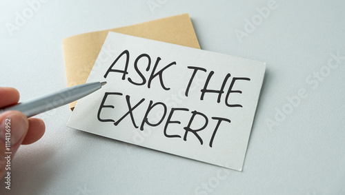 Ask The Expert text on the page near pen on white background