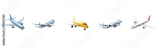 Set of passenger airplane isolated on a transparent background.