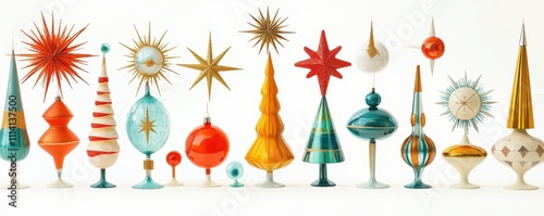 Collection of mid-century modern Christmas tree decorations including atomic starbursts and space-age designs isolated on a white background