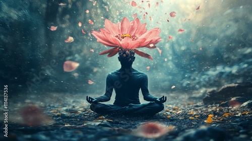Artistic depiction of a meditating figure with a blooming lotus on the head, symbolizing spiritual awakening and mindfulness.