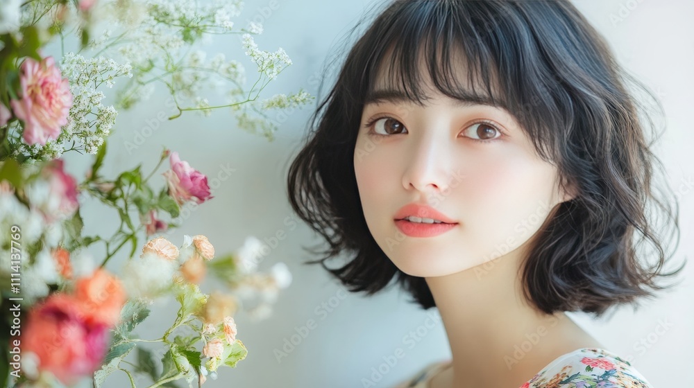 Fototapeta premium Close-up portrait of a young woman with short hair, exuding a fresh and natural look, set against a floral and serene background.