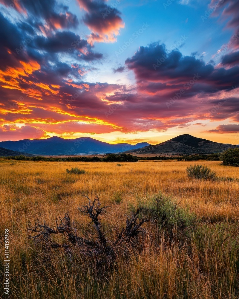 Obraz premium [Serene Sunset Over Desert Plains] Serene Sunset Landscape with Majestic Mountains Reflecting on Calm Water