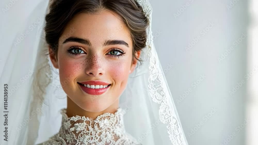 Smiling Caucasian bride in an elegant lace gown and veil, perfect for wedding celebrations Smiling Caucasian bride in an elegant lace gown and veil, perfect for wedding celebrations
