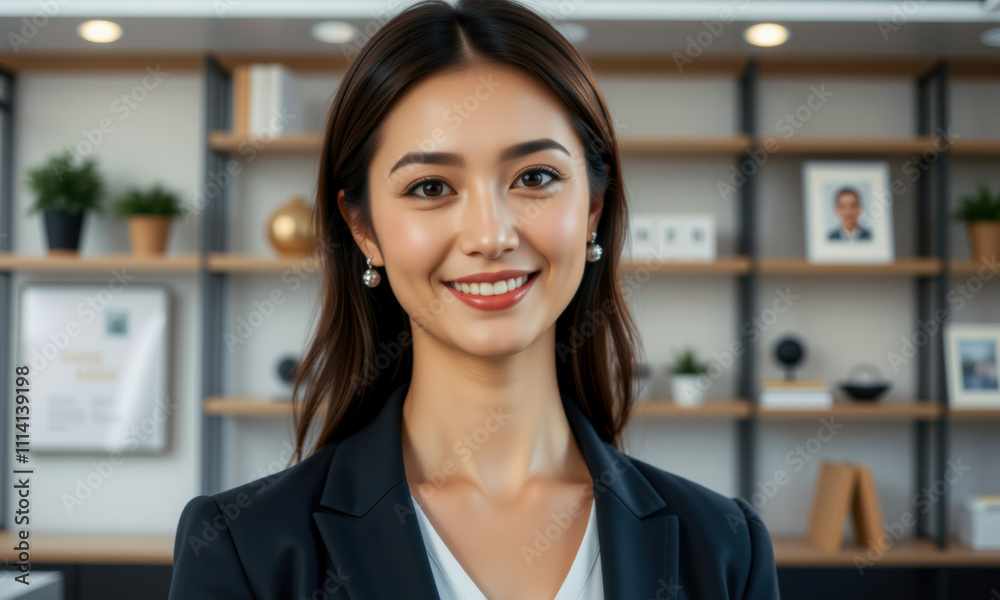 confident woman in professional office setting, smiling warmly. She wears blazer and has long hair, with modern workspace in background confident woman in professional office setting, smiling warmly. She wears blazer and has long hair, with modern workspace in background