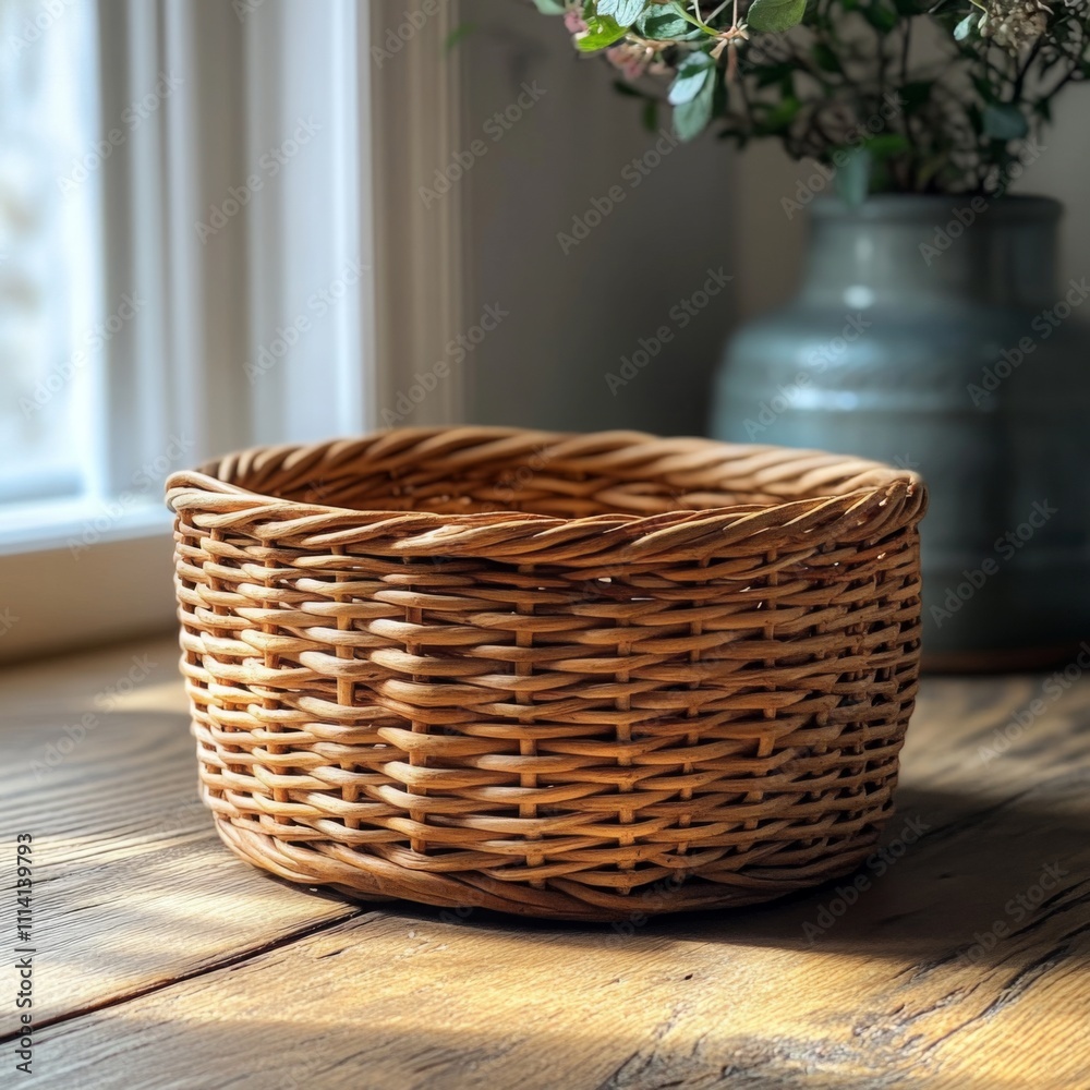Fototapeta premium Woven Wicker Basket on Wooden Surface