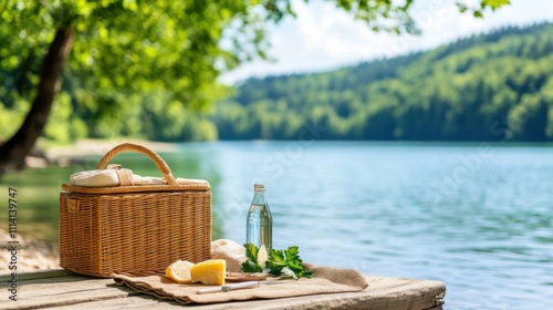 Wallpaper Mural [Picnic Essentials picnic water] Serene Lake Scene with Picnic Basket and Dock - Relaxing Outdoor Retreat Torontodigital.ca