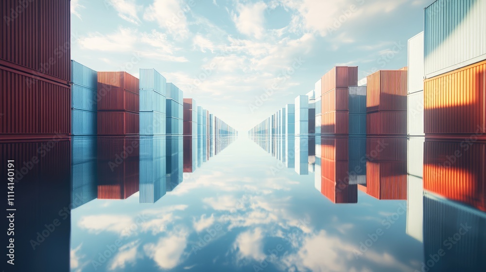 Reflection of cargo containers in a calm body of water, creating a mirrored image, [shipping yard], [reflection and symmetry] 