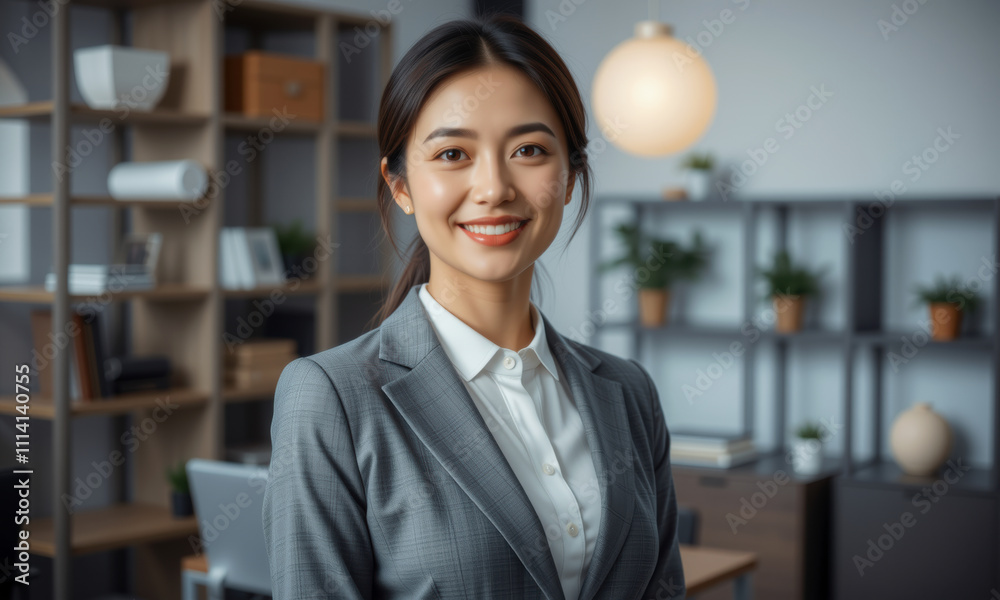 confident woman in gray suit smiles in modern office setting, showcasing professionalism and warmth. background features shelves with plants and office decor confident woman in gray suit smiles in modern office setting, showcasing professionalism and warmth. background features shelves with plants and office decor