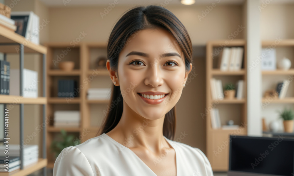 confident woman smiling in modern office setting, showcasing professionalism and warmth. background features shelves with books and plants, creating welcoming atmosphere confident woman smiling in modern office setting, showcasing professionalism and warmth. background features shelves with books and plants, creating welcoming atmosphere
