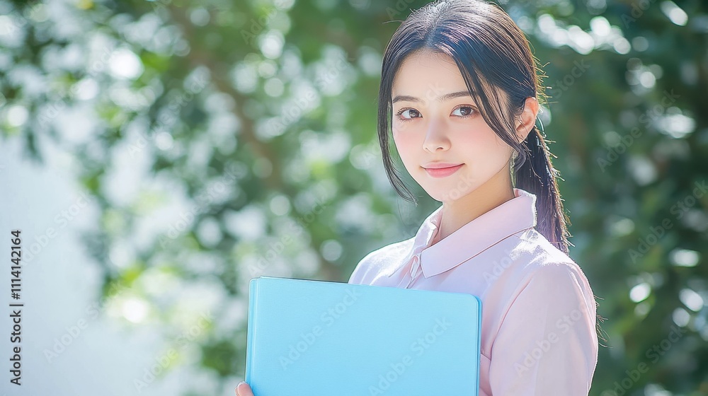 Fototapeta premium [Professional woman on campus] Young woman gazing upwards outdoors with tablet or book, serene landscape background.