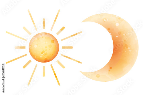 Crescent moon and sun. Vector watercolor stylized cute illustration of celestial bodies