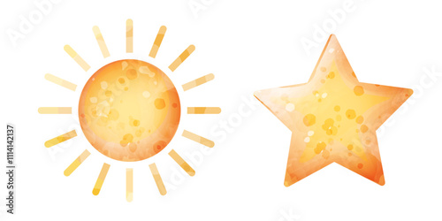 Sun and star. Vector watercolor stylized cute illustration of celestial bodies