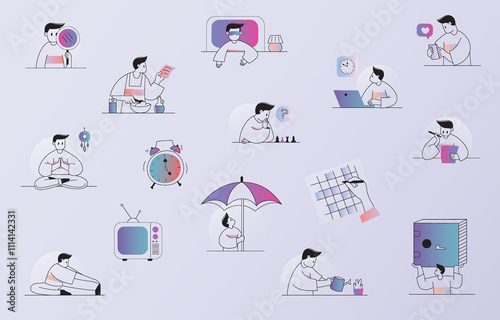 Minimalist Lifestyle Concept Illustration with Daily Activities and Self-Care Practices