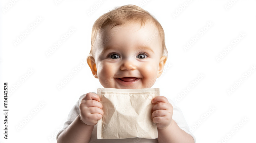Adorable baby holding squeezable food pouch with happy expression Adorable baby holding squeezable food pouch with happy expression
