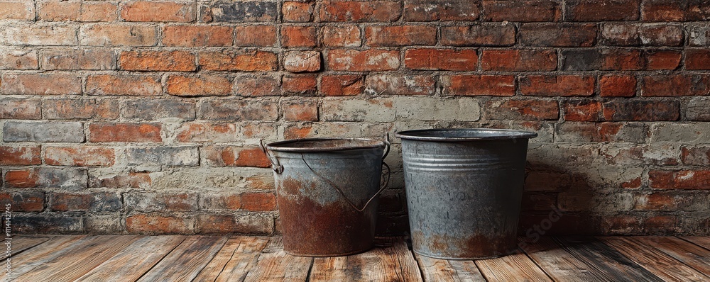 Rustic Charm Weathered Brick Wall and Aged Wooden Floor with Two Metal Buckets Rustic Charm Weathered Brick Wall and Aged Wooden Floor with Two Metal Buckets