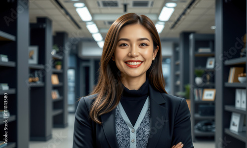confident woman in modern office setting  smiling with arms crossed  exuding professionalism and warmth. background features shelves filled with books and decor