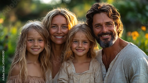 15 A family of four standing together on green grass in a summer park, smiling warmly at the camera.