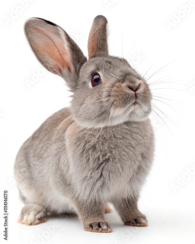 Pretty grey netherland dwarf rabbit, Looking at camera with blue eyes. Isolated on a white background.
