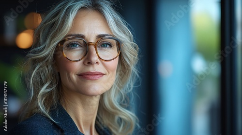 Portrait of confident smiling senior businesswoman, CEO, holding laptop and looking away, set against a blue background