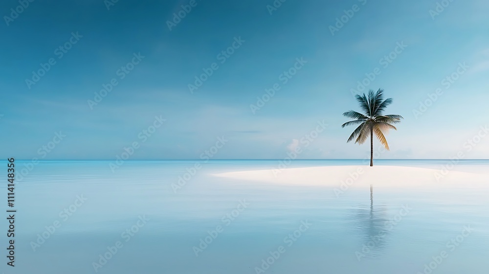 Beautiful desert island in the middle of the ocean, isolated white sandy beach, clear blue water, first-person view of a single palm tree and coral reefs, UHD, 64K resolution, HDR, F/2.8, 80mm Beautiful desert island in the middle of the ocean, isolated white sandy beach, clear blue water, first-person view of a single palm tree and coral reefs, UHD, 64K resolution, HDR, F/2.8, 80mm