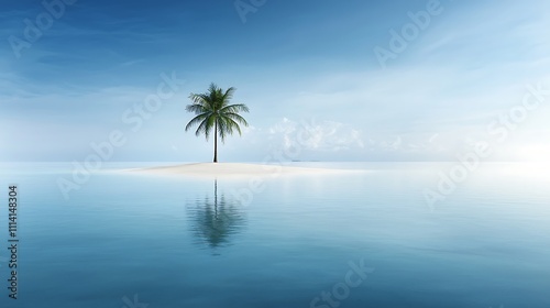 A breathtaking ocean horizon with a remote island featuring clear blue water, sandy beach, and a single palm tree surrounded by vibrant coral reefs, captured in UHD, 64K, F/2.8, 80mm lens. Ultra-Reali photo