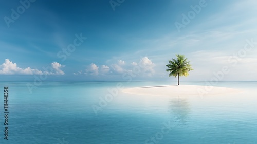 Beautiful desert island in the middle of the ocean, isolated white sandy beach, clear blue water, first-person view of a single palm tree and coral reefs, UHD, 64K resolution, HDR, F/2.8, 80mm  photo